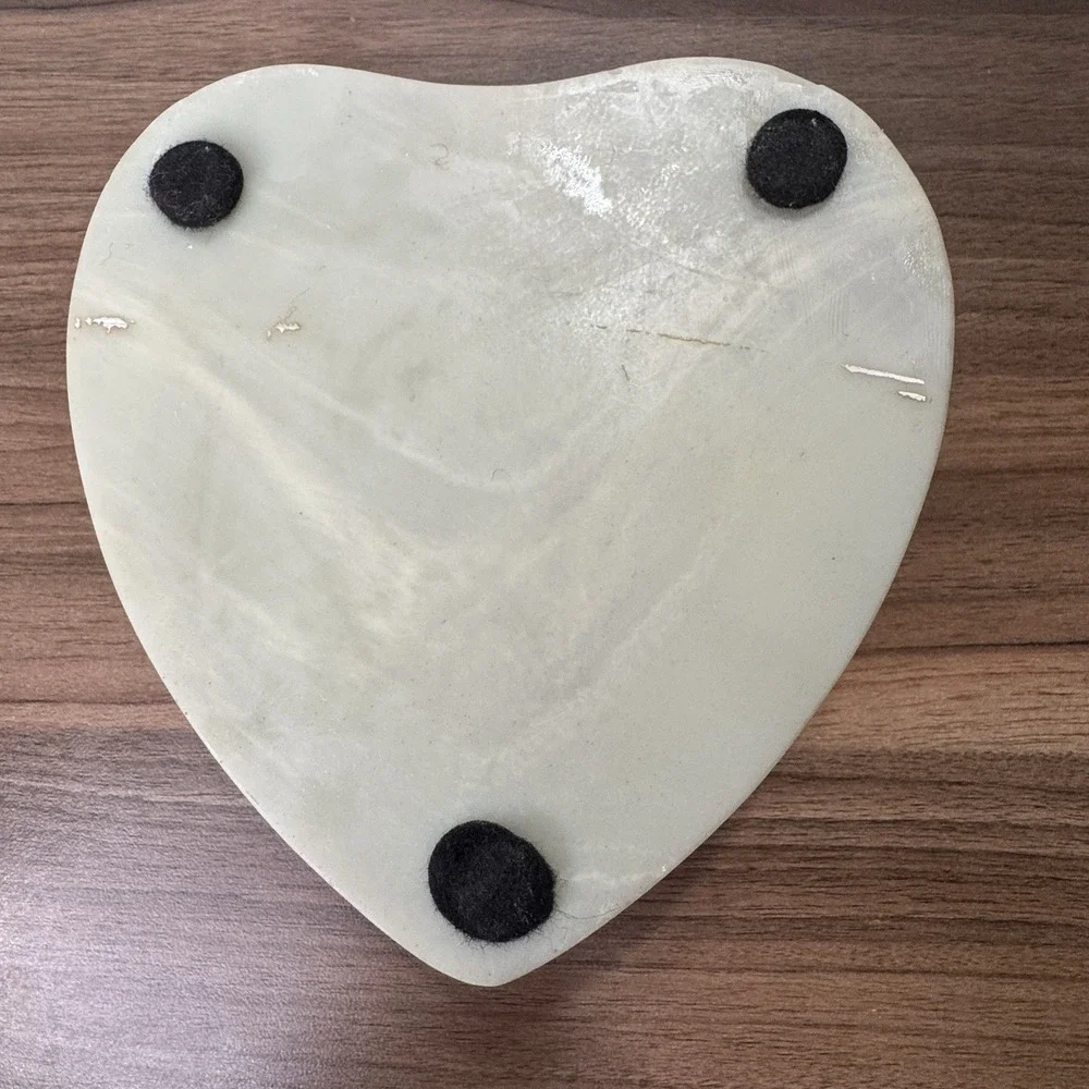 Vintage Incolay Stone Gray Heart Cameo Jewelry Box Doves Roses Velvet Lined 6x6